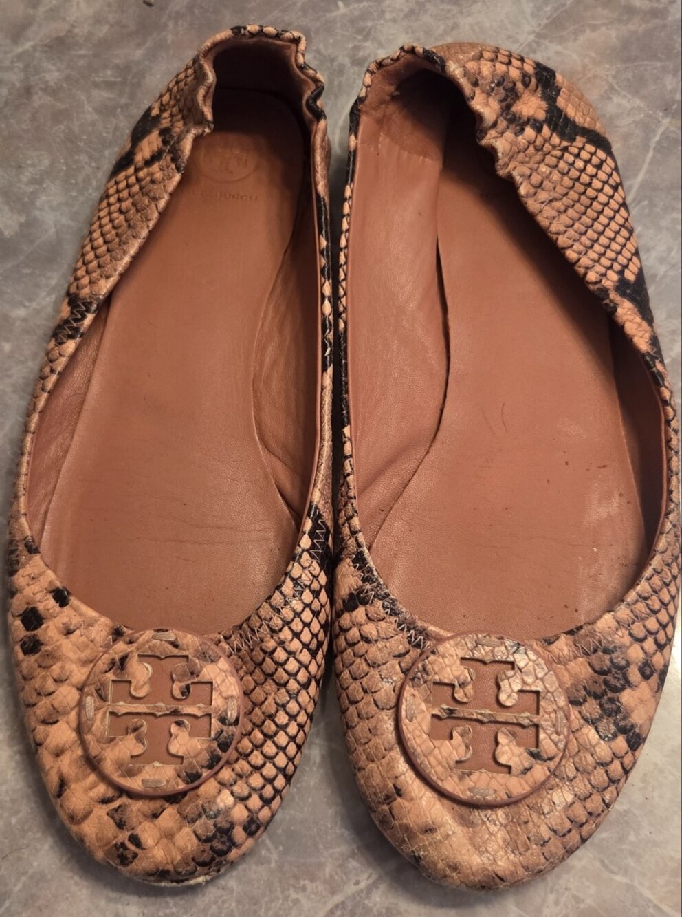 Tory Burch Pink Snake-Print Leather Ballet Flats
